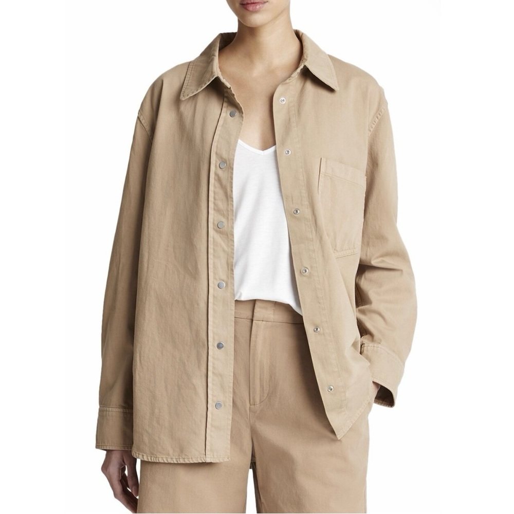 NEW VINCE BEIGE SNAP-FRONT COTTON TWILL SHIRT